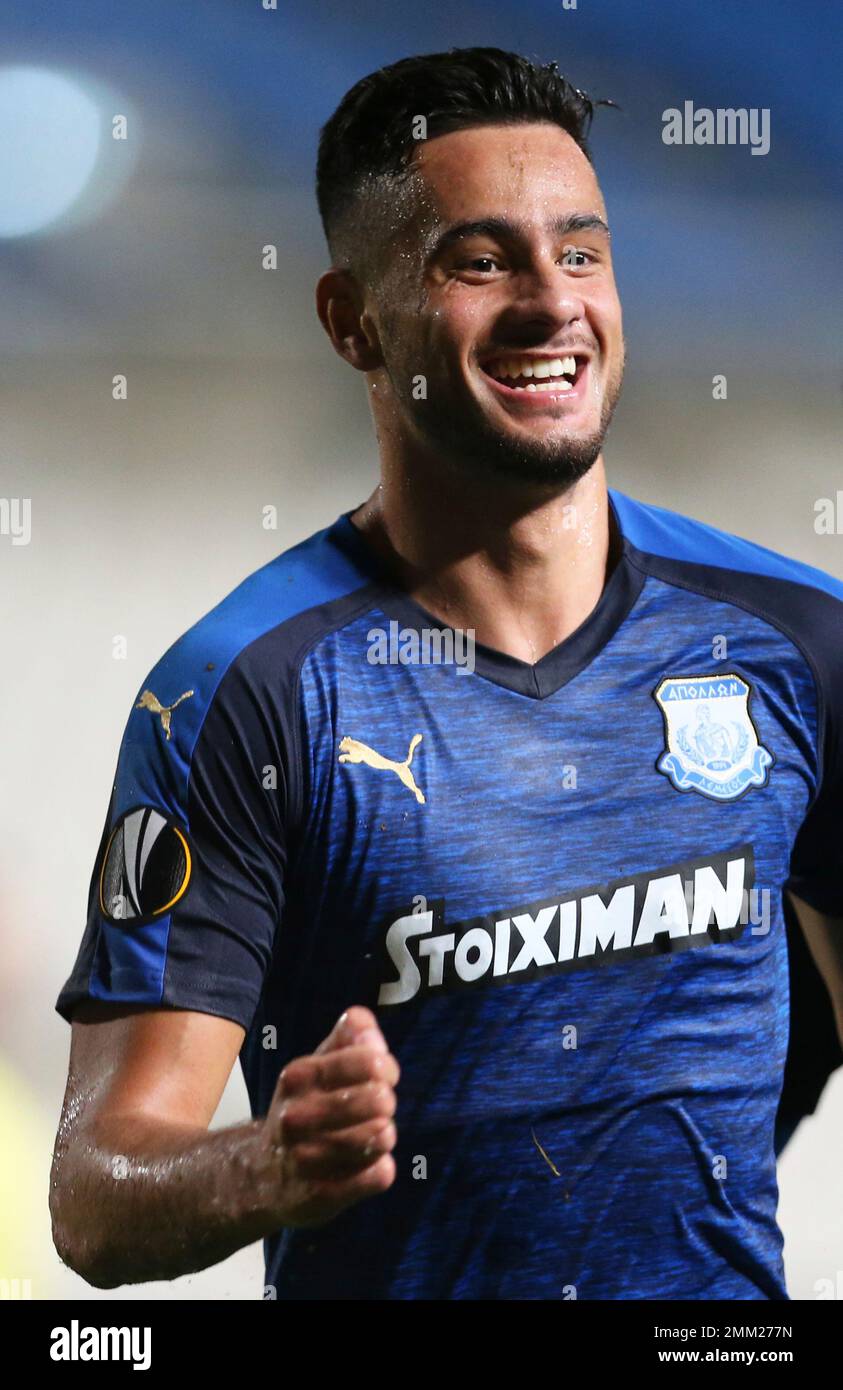 Apollon's David Faupala celebrates after scoring the opening goal during  the Europa League group H soccer match between Apollon Limassol and Lazio  at GSP stadium, in Nicosia, Cyprus, Thursday, Nov. 29, 2018. (, image size:843x1390