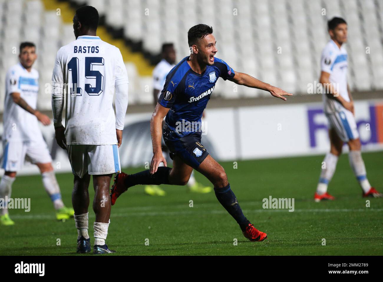 Apollon's David Faupala celebrates after scoring the opening goal during  the Europa League group H soccer match between Apollon Limassol and Lazio  at GSP stadium, in Nicosia, Cyprus, Thursday, Nov. 29, 2018. (, image size:1300x956