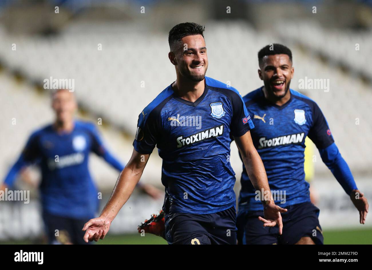 Apollon's David Faupala celebrates after scoring the opening goal during  the Europa League group H soccer match between Apollon Limassol and Lazio  at GSP stadium, in Nicosia, Cyprus, Thursday, Nov. 29, 2018. (, image size:1300x944