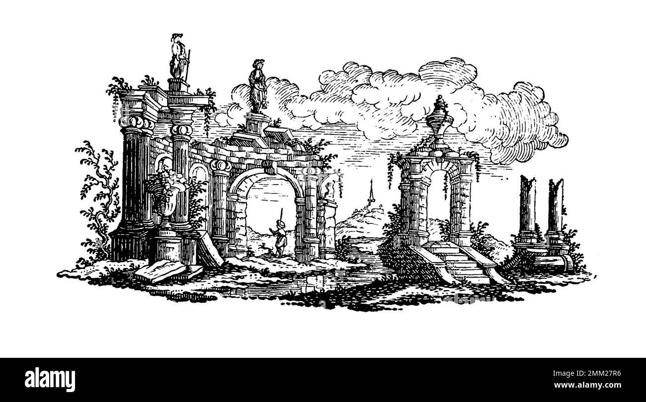19th-century engraving depicting antique ruins. Published in Proben ...