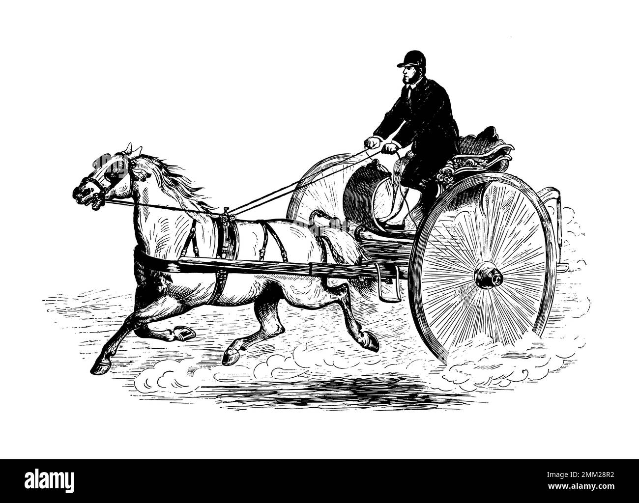 19th-century engraving depicting man travelling with two-wheeled carriage. Published in Proben-Album, Buchdruckerei Julius Klinkhardt, Leipzig, German Stock Photo