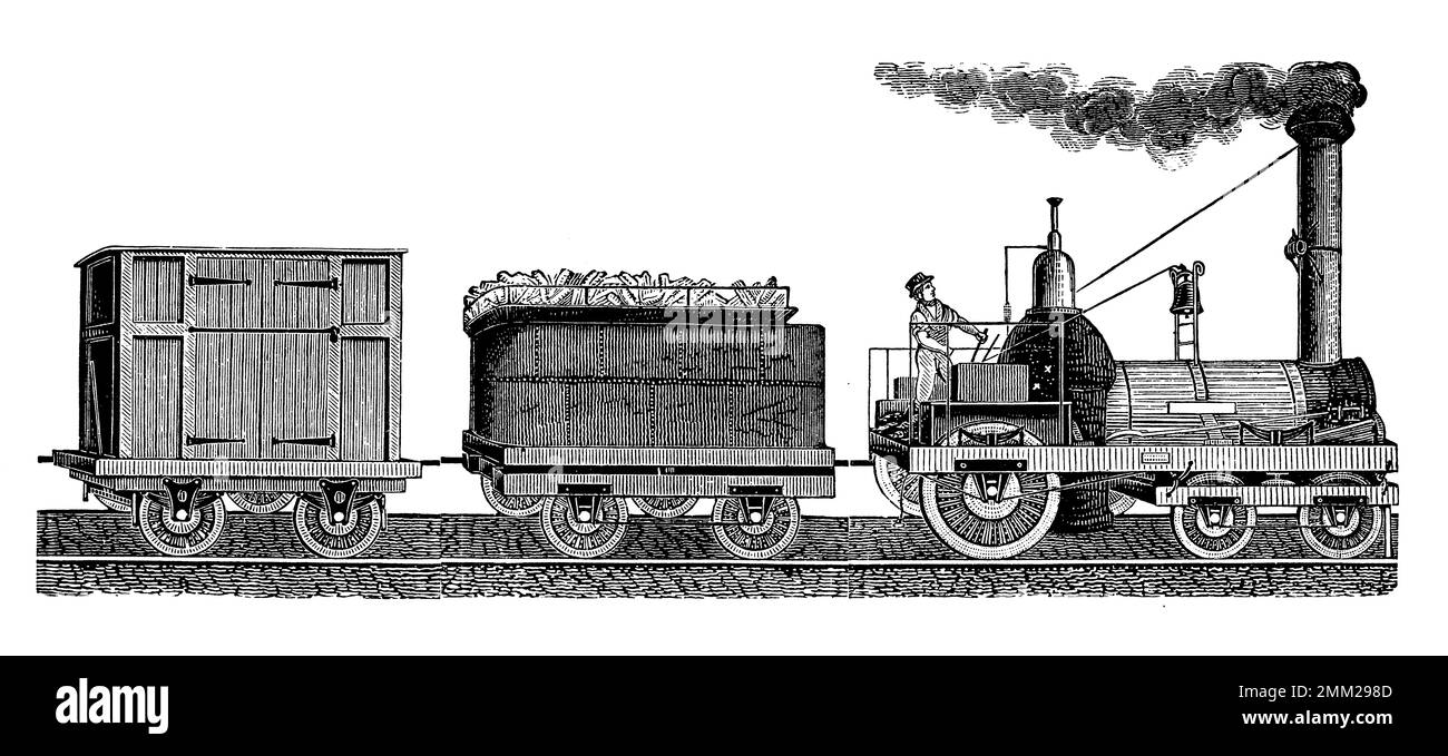 Antique 19th-century illustration of steam freight train. Published in Proben-Album, Buchdruckerei Julius Klinkhardt, Leipzig, Germany (1881). Stock Photo