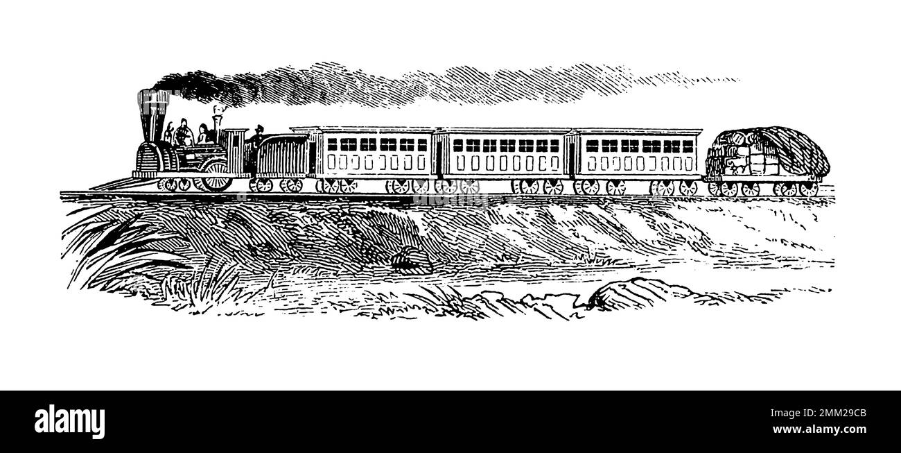 19th-century illustration of steam train. Published in Proben-Album, Buchdruckerei Julius Klinkhardt, Leipzig, Germany (1881). Stock Photo
