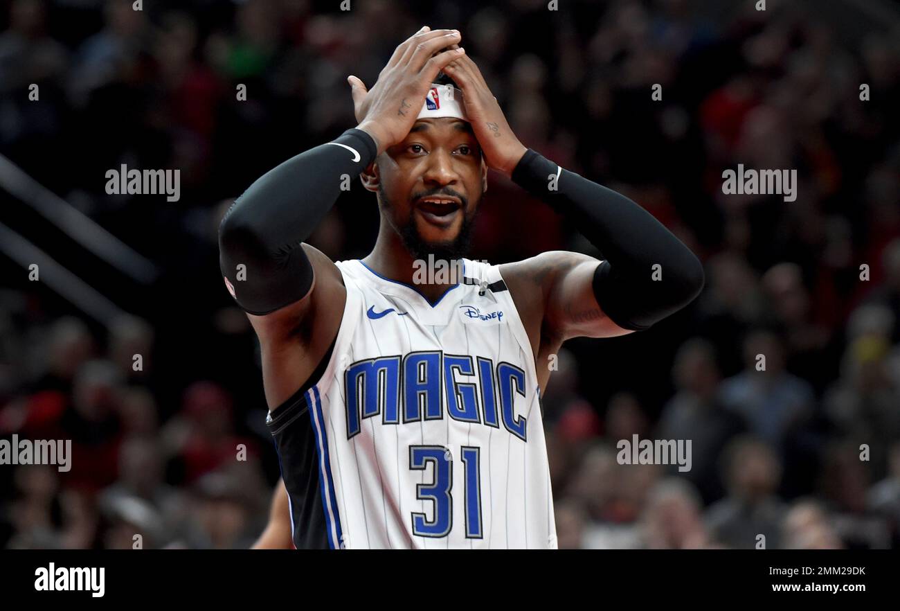 Orlando Magic guard Terrence Ross reacts to an official's call late during  the second half of the team's NBA basketball game against the Portland  Trail Blazers in Portland, Ore., Wednesday, Nov. 28,