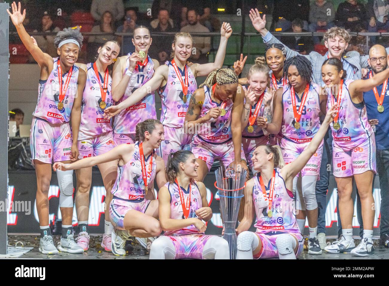 Montreux Switzerland, 01/29/2023: The BCF Elfic Bribourg team celebrates during Awards Ceremony of the Final of Swiss Basketball League 2023. The final of the Swiss Basketball League took place at the Perrier sports hall in the famous town of Montreux-Clarens. (Credit: Eric Dubost/Alamy Live News). Stock Photo