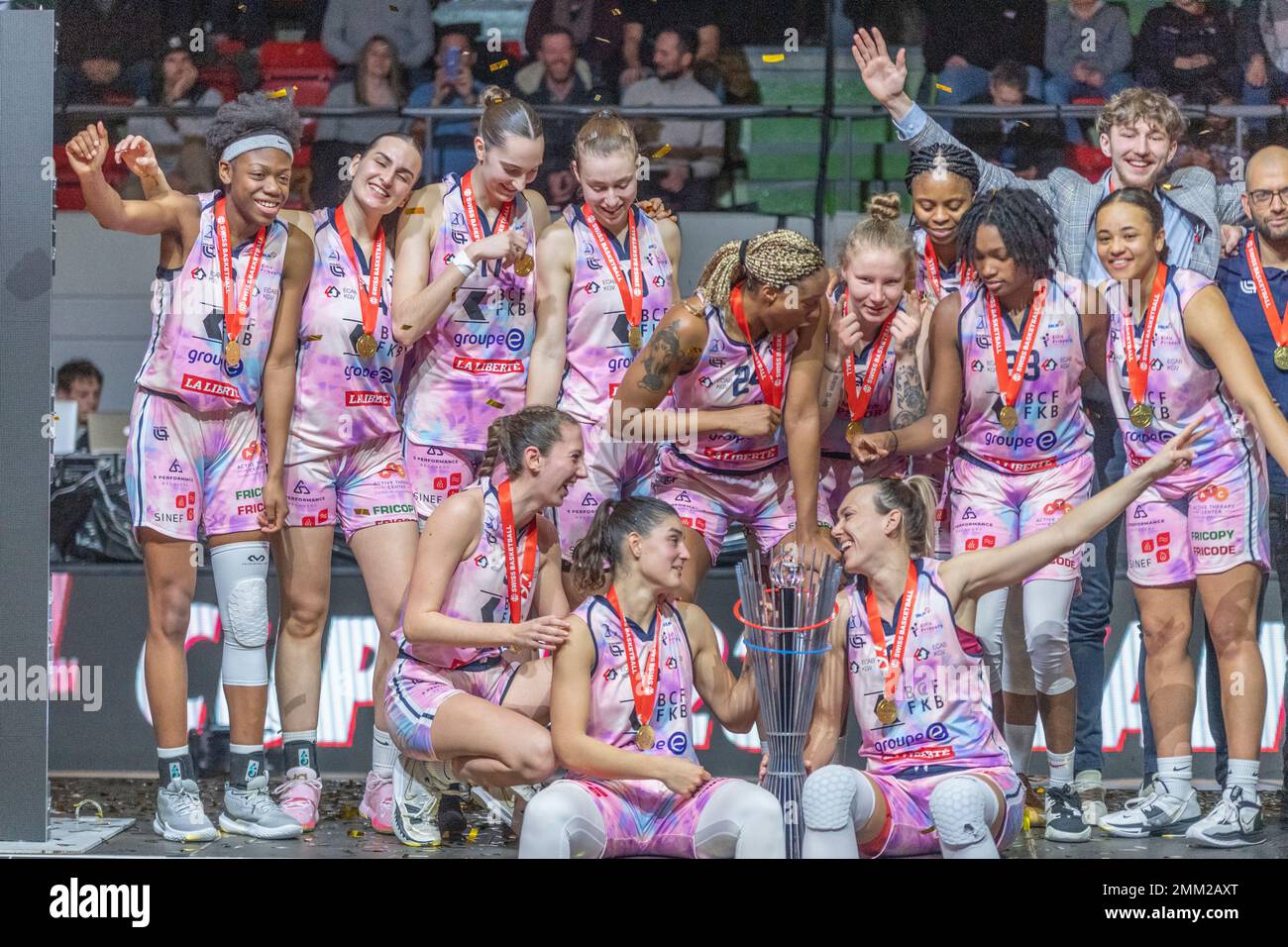 Montreux Switzerland, 01/29/2023: The BCF Elfic Bribourg team celebrates during Awards Ceremony of the Final of Swiss Basketball League 2023. The final of the Swiss Basketball League took place at the Perrier sports hall in the famous town of Montreux-Clarens. (Credit: Eric Dubost/Alamy Live News). Stock Photo