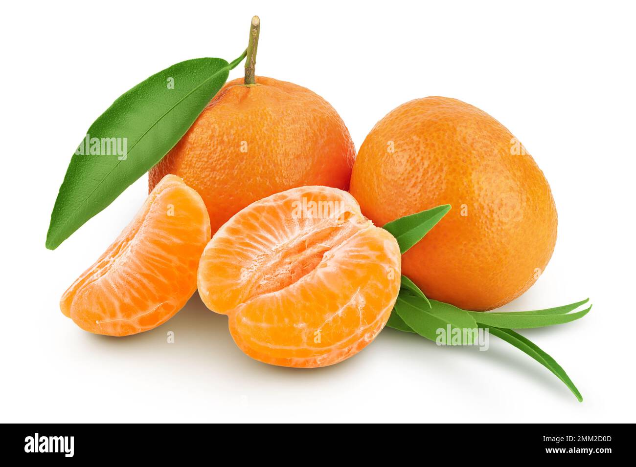 Tangerine or clementine with green leaf isolated on white background