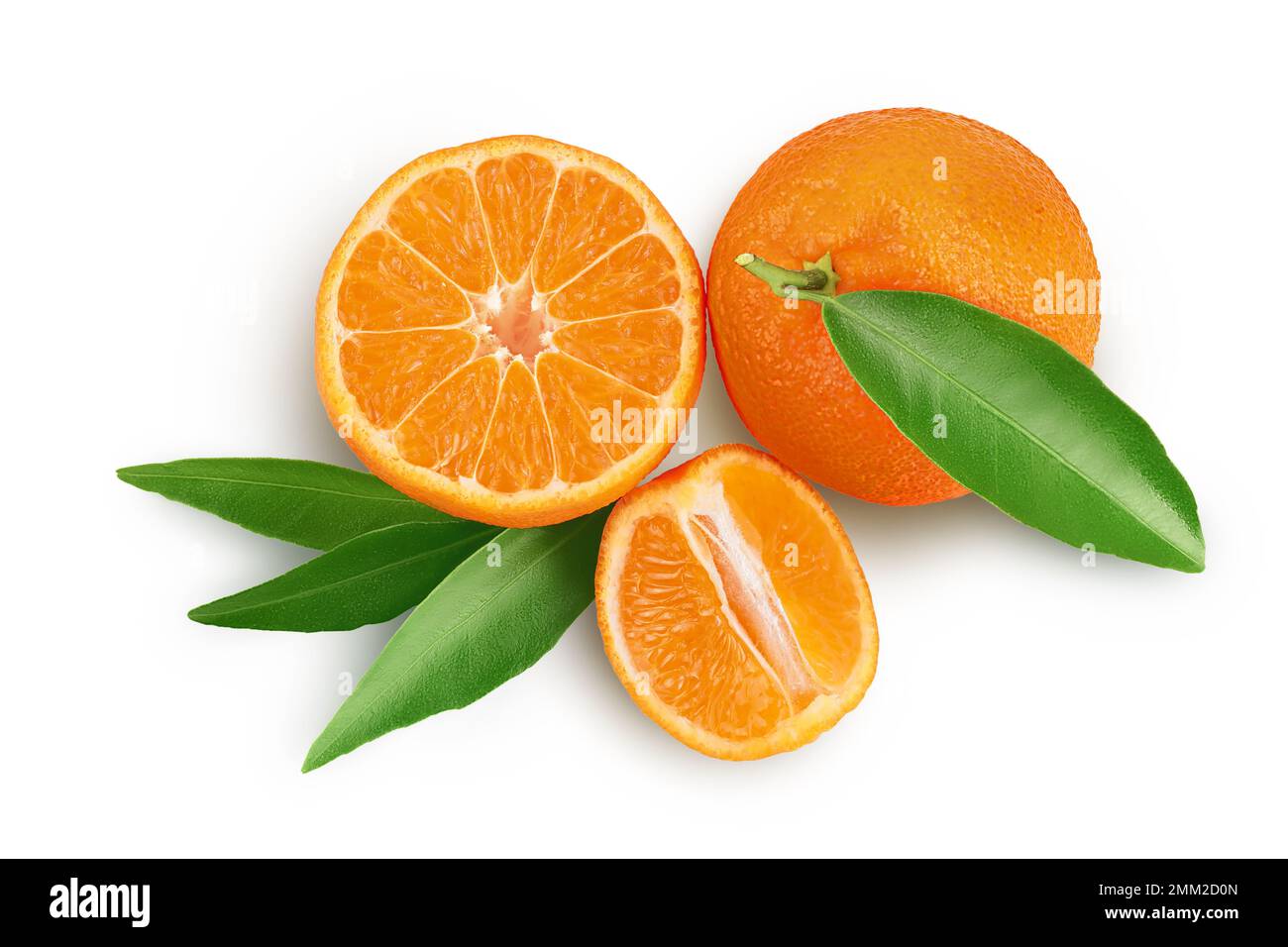 Tangerine or clementine with green leaf isolated on white background