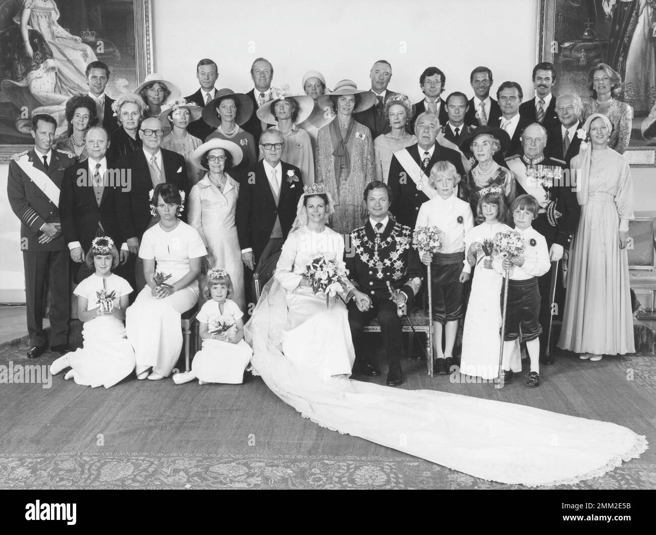 Wedding of Carl XVI Gustaf and Silvia Sommerlath. Carl XVI Gustaf, King of Sweden. Born 30 april 1946. The wedding 19 june 1976 in Stockholm.   King Carl the XVI Gustaf and Queen Silvia are newlyweds and sit in the middle of the official wedding photo. Royalties from European royal houses and Swedish relatives participate. From left King Baudouin of Belgium, Queen Fabiola, President Kekkonen, Princess Christina, Niklas Silfverskiöld, Princess Désirée, Alice Sommerlath, Walter, Sommerlath, Princess Birgitta, Princess Margaretha, John Ambler, Joesphine Charlotte, Tord Magnuson, Prince Bertil, Ki Stock Photo
