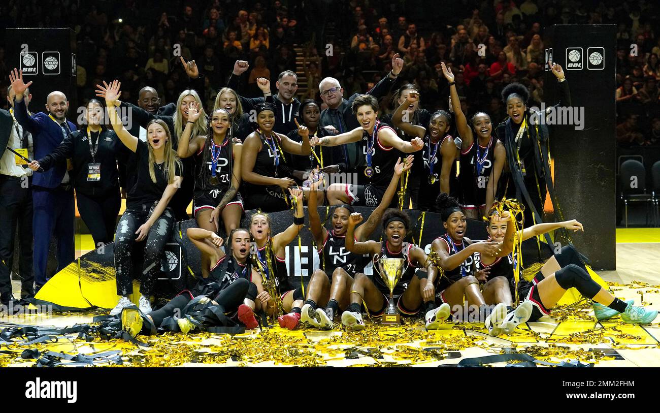 London Lions players celebrate after beating Leicester Riders to win