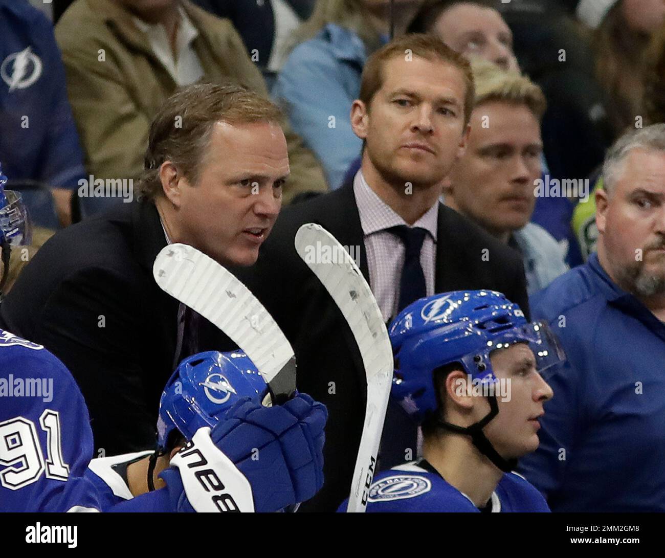 Tampa Bay Lightning head coach Jon Cooper, left, with assistant Jeff