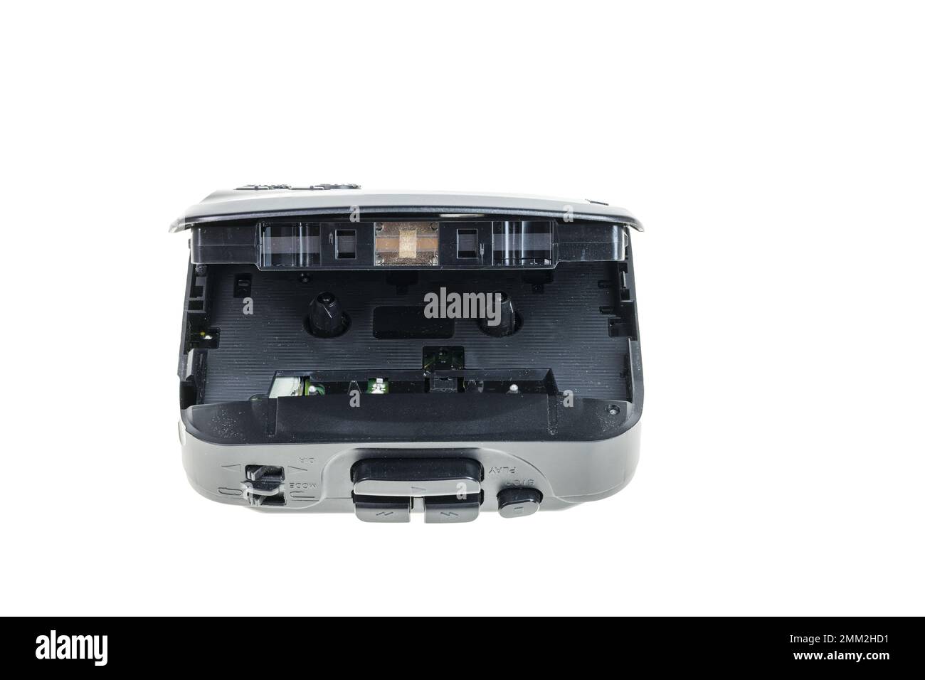 Close up view of open audio player isolated on white background. Old ...