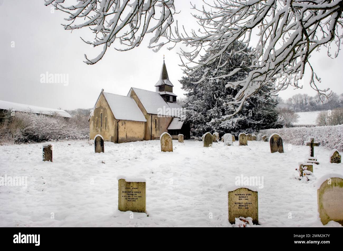 Winter snow at Priors Dean Church, Hampshire, England Stock Photo