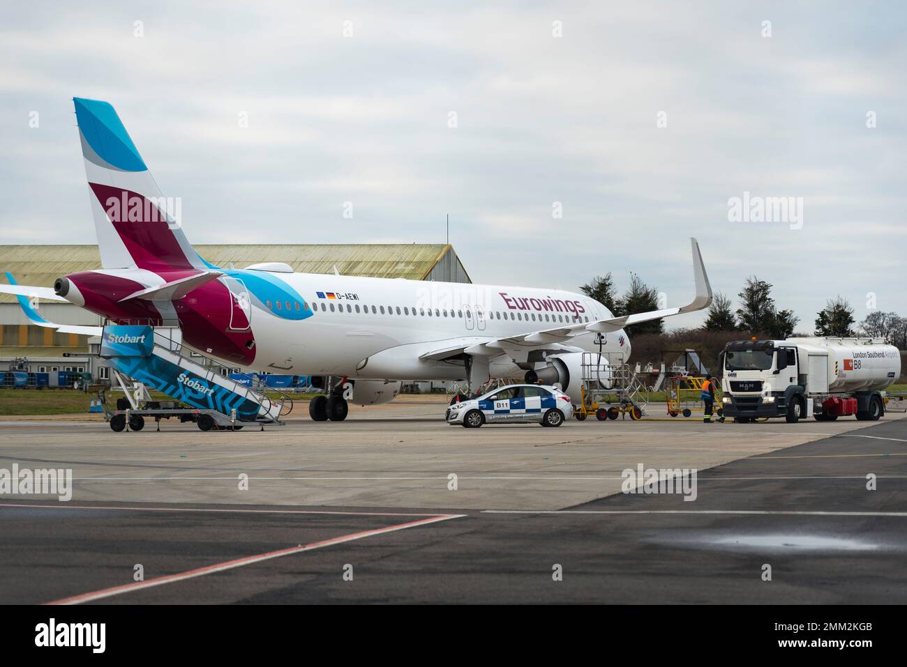 Eurowings Airbus A320 jet airliner plane D-AEWI at London Southend Airport, Essex, UK, having been painted in new livery by Satys Air Livery. Readying Stock Photo