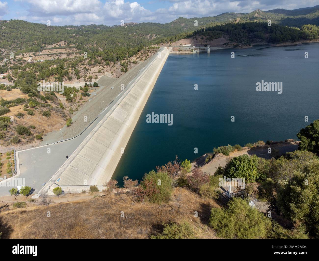Aerial view on freshwater lake with dam for irrigation and drinking in