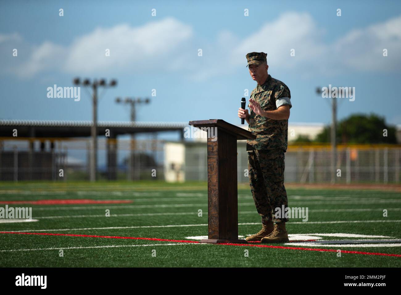 U.S. Marine Corps Maj. Gen. Jay Bargeron, 3d Marine Division Commanding General, addresses Marines, Sailors, veterans, and guests during a battle colors rededication ceremony on Camp Hansen, Okinawa, Japan, Sept. 14, 2022. The ceremony commemorated the Division’s 80th Anniversary and its legacy of valor, honor, and fidelity. The 3d Marine Division was activated at Camp Elliot, San Diego, Sept. 16, 1942 and has taken part in combat operations from World War II and Vietnam through Iraq and Afghanistan. The current Marines of 3d Marine Division continue to build on this legacy today as a critical Stock Photo