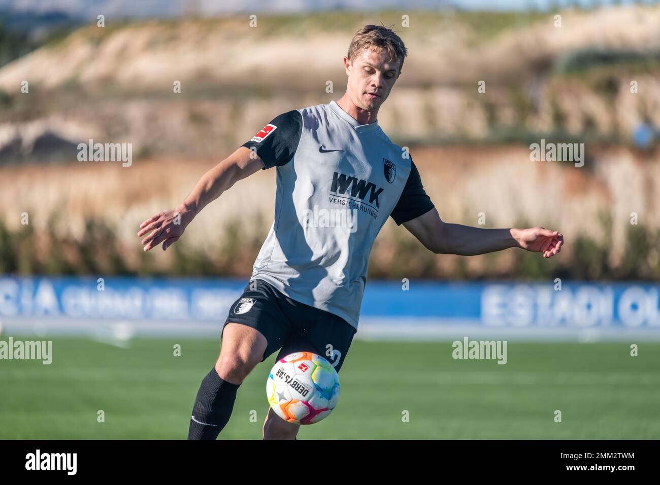 La Nucia, Spain – January 11, 2023. FC Augsburg right-back Robert Gumny during club friendly Ferencvaros vs Augsburg (2-0). Stock Photo