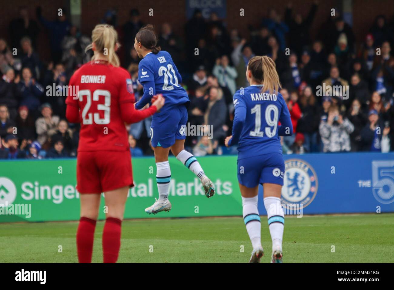 Sam Kerr (#20 Chelsea) gets booked for taking her Chelsea shirt off in  celebration of the injury time winner during the FA Barclays Womens Super  League game 
between Chelsea and Aston Villa