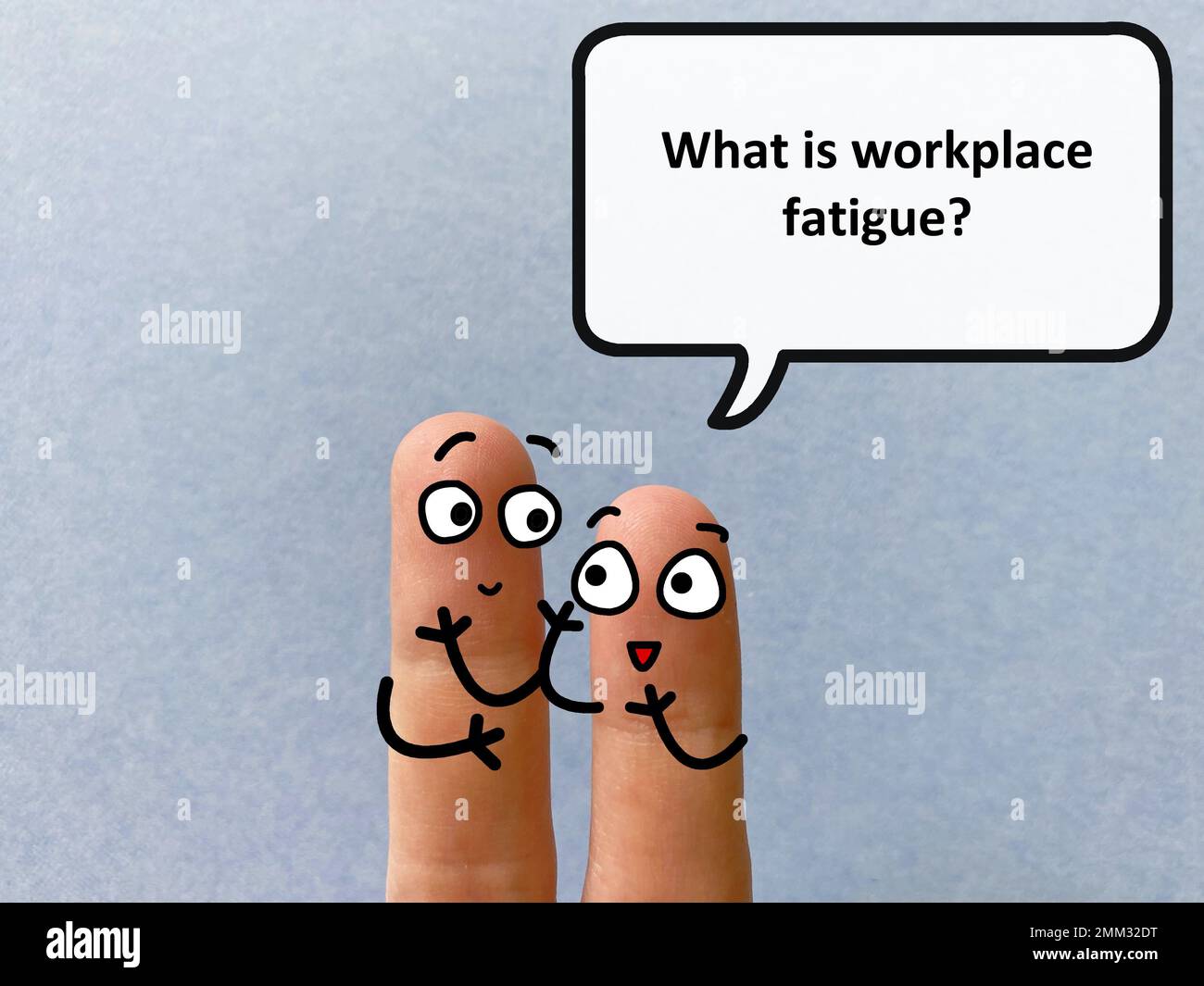 Two fingers are decorated as two person. One of them is asking another
