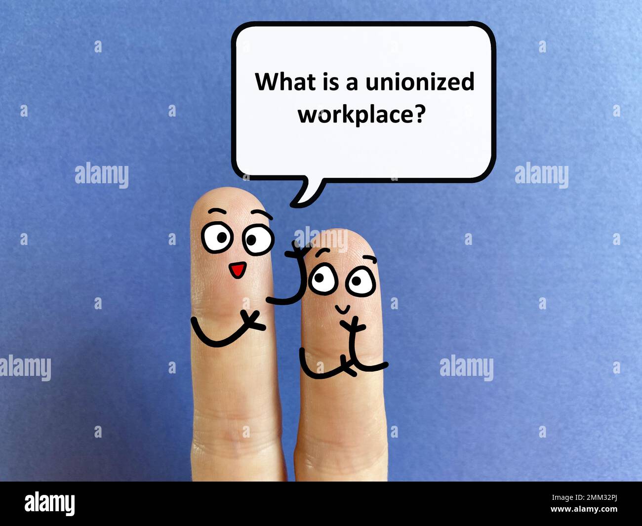 Two fingers are decorated as two person. One of them is asking another