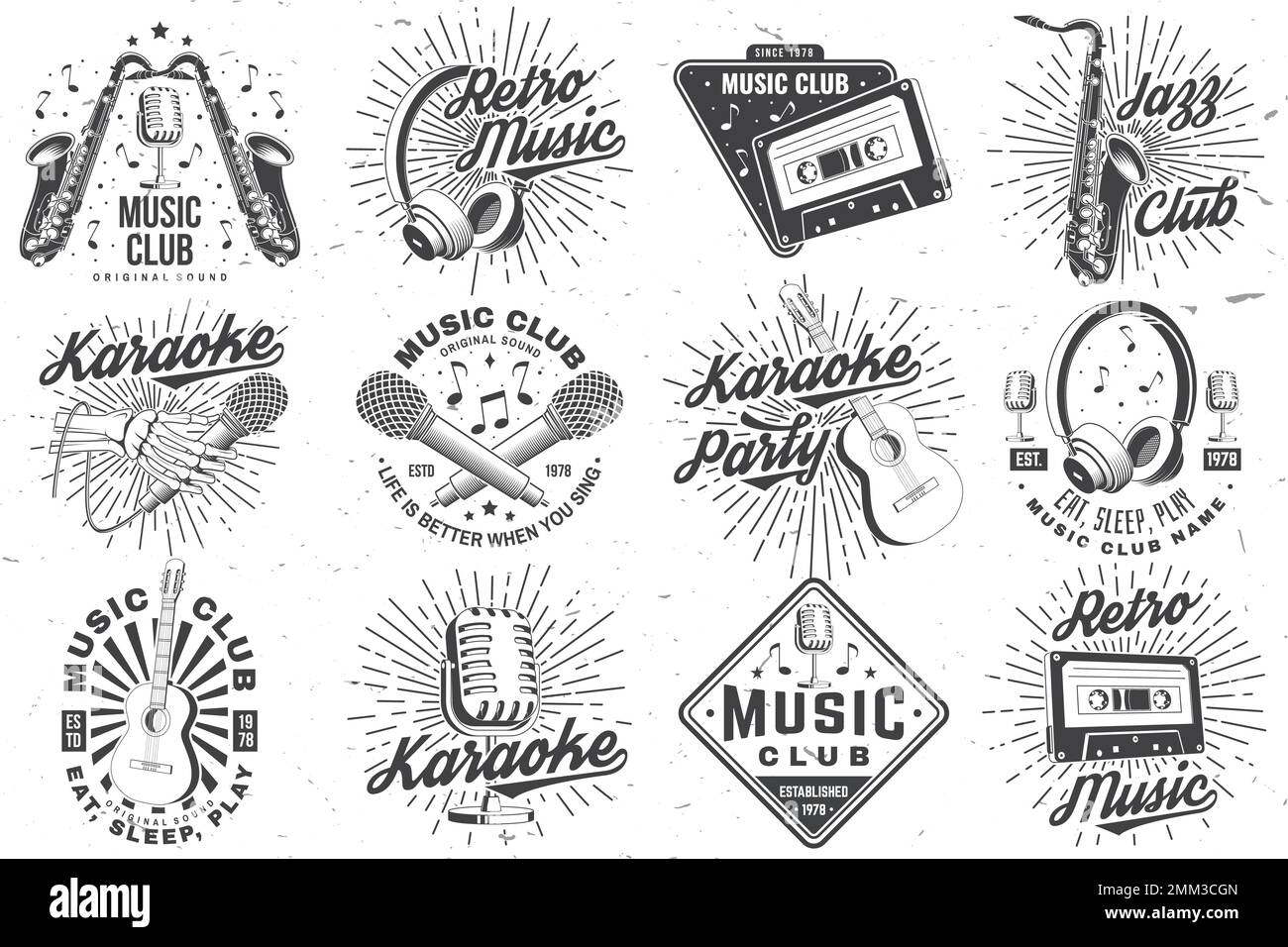 Retro music poster, banner. Retro microphone, saxophone , audio