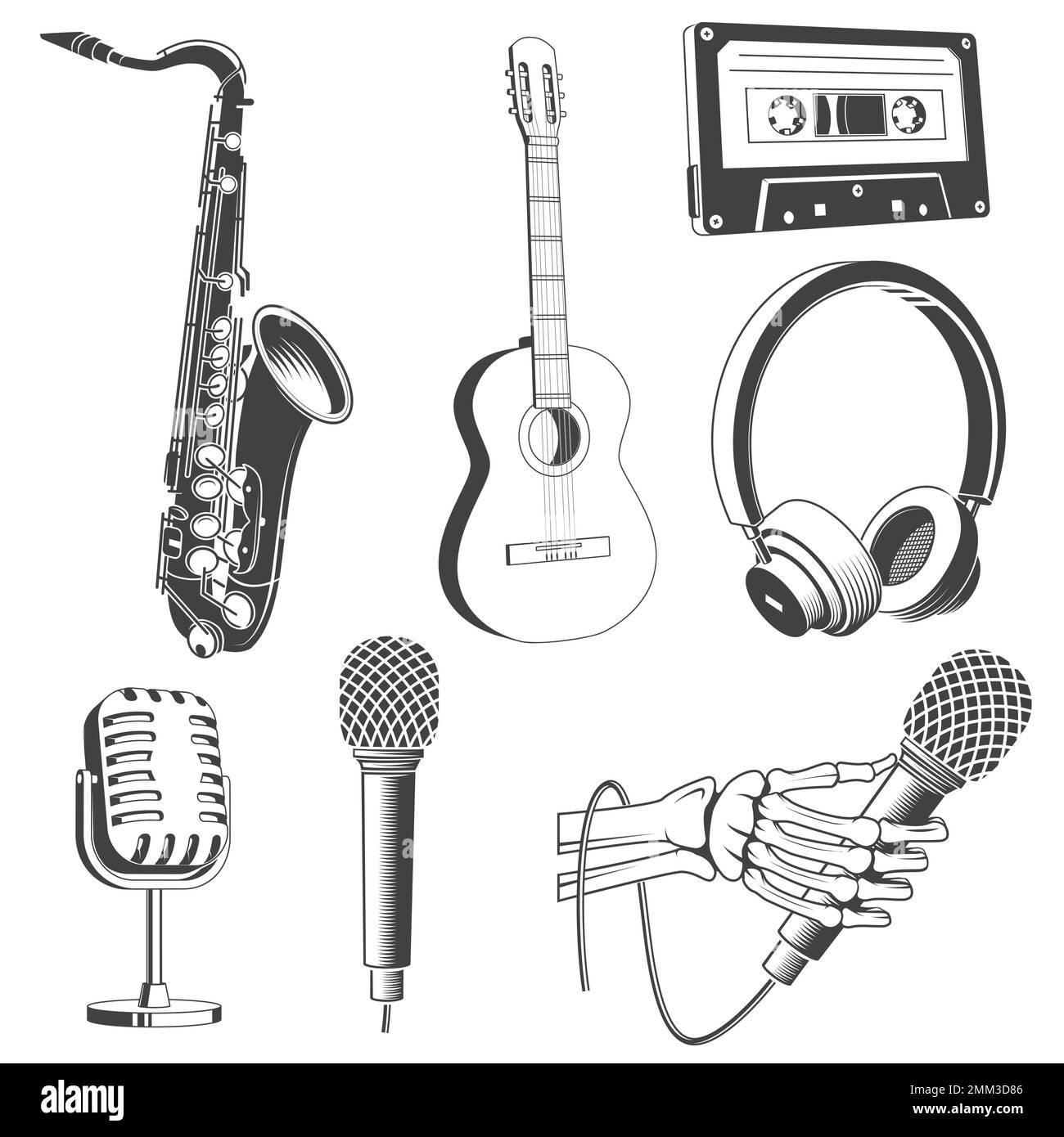 Retro music equipment Icons. Set include saxophone, classical acoustic