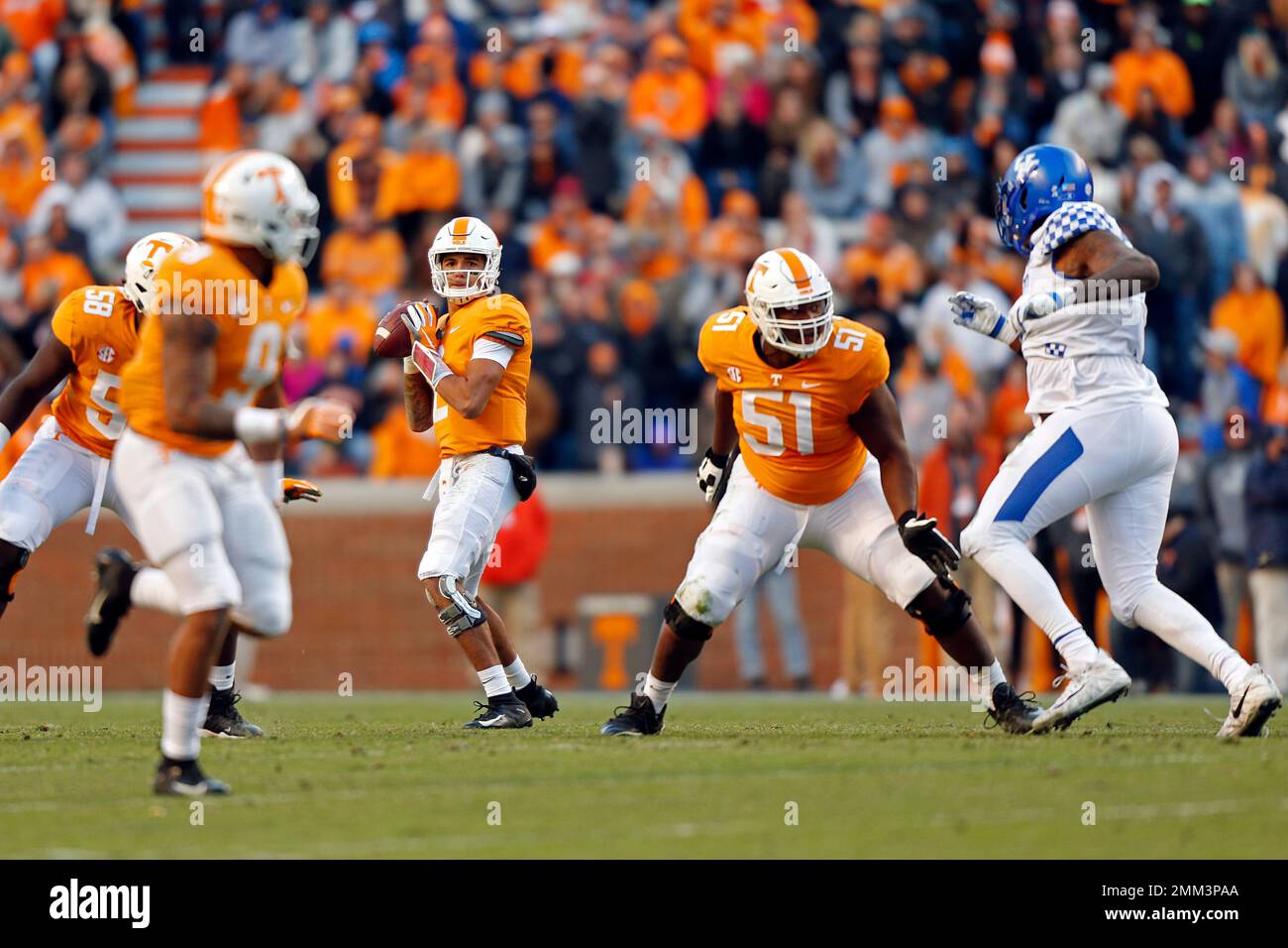 Tennessee quarterback Jarrett Guarantano (2) looks for a receiver in