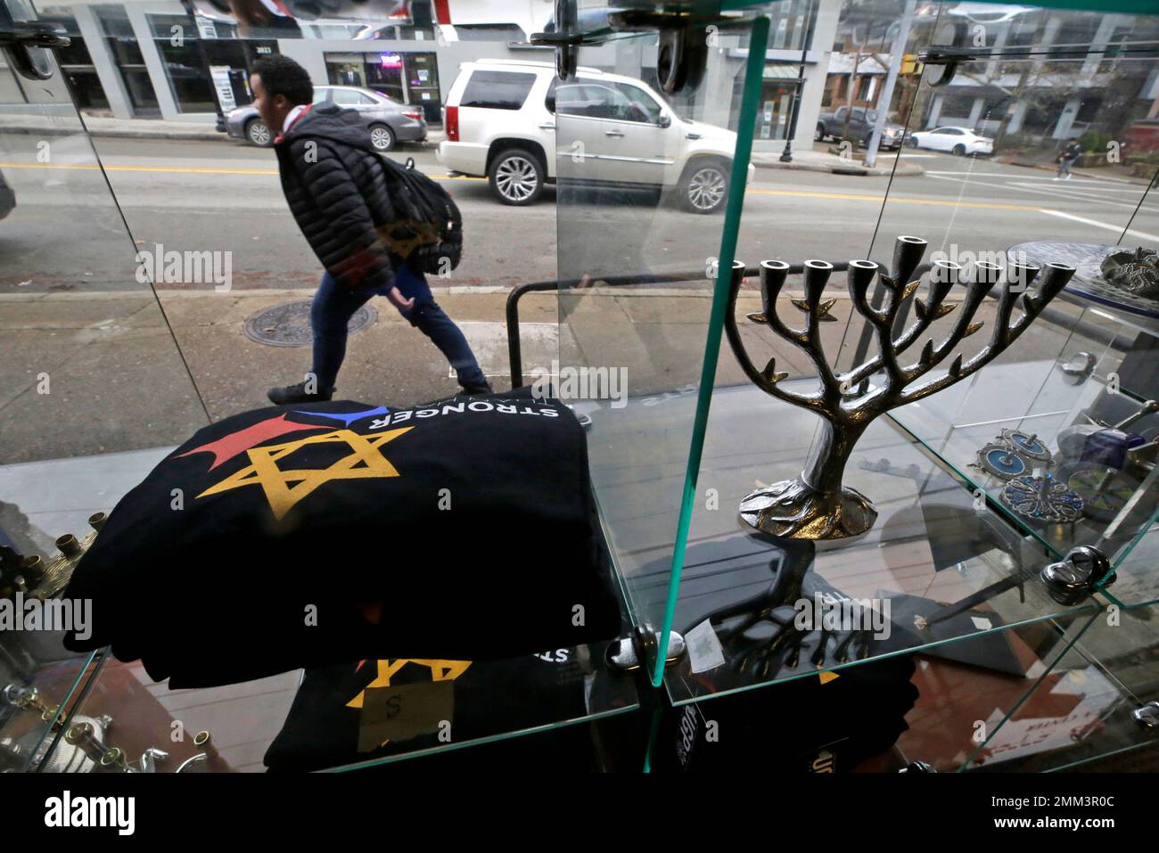 In this Tuesday, Nov. 20, 2018 photo, a Tree of Life menorah and a