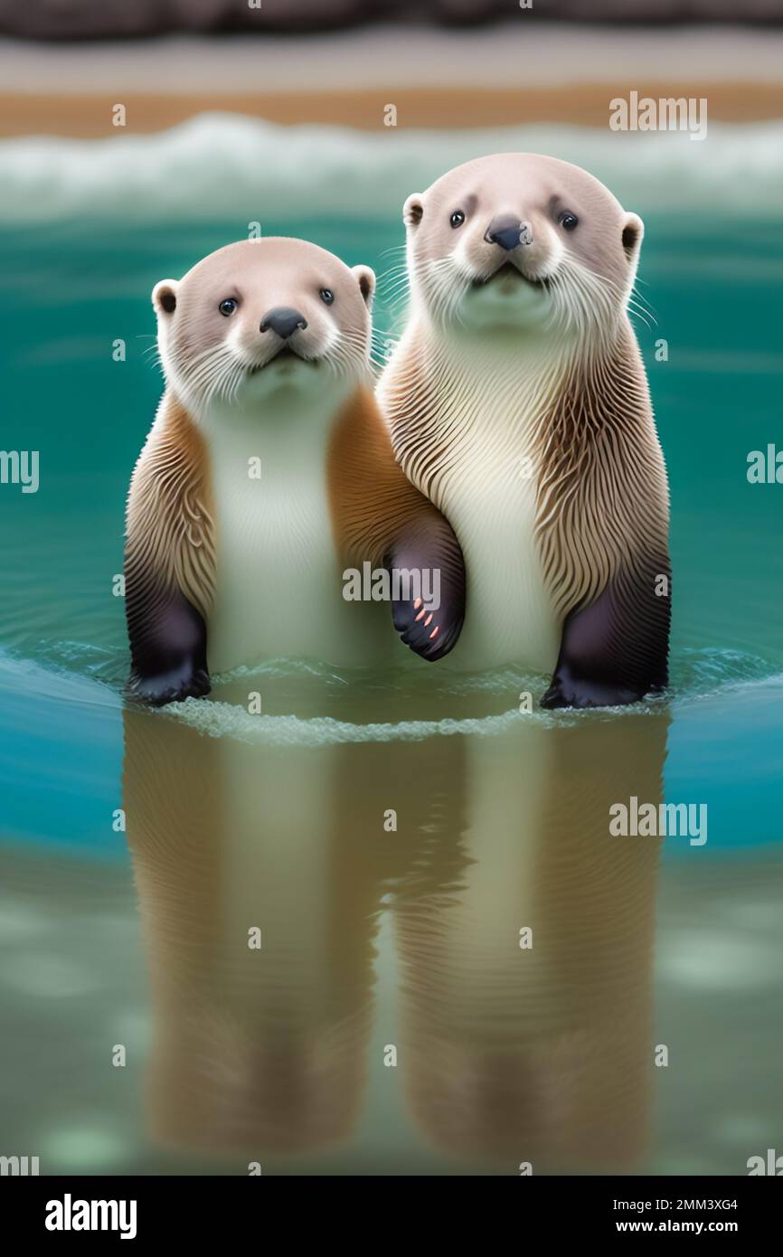 Two sea otters holding hands on the beach, ai generated illustration