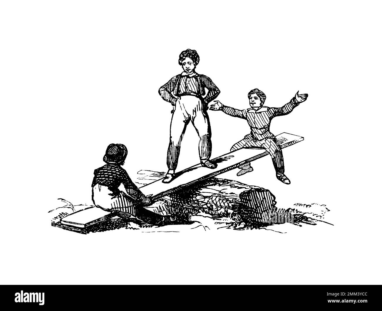 Antique illustration of a see-saw, a playground equipment, also known as teeter-totter or teeter board. Published in American’s Boy Book of Sports and Stock Photo