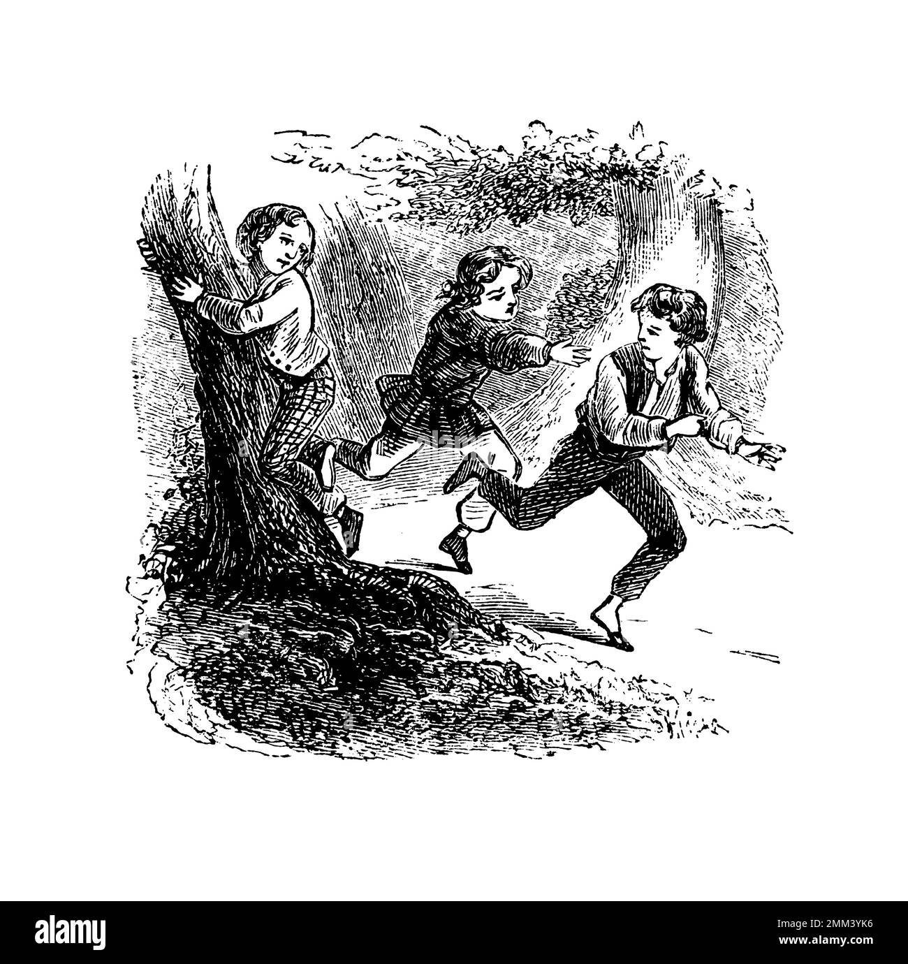 Antique illustration of tag, an outdoor game that involves one player chasing other players in an attempt to tag or touch them. Published in American’ Stock Photo