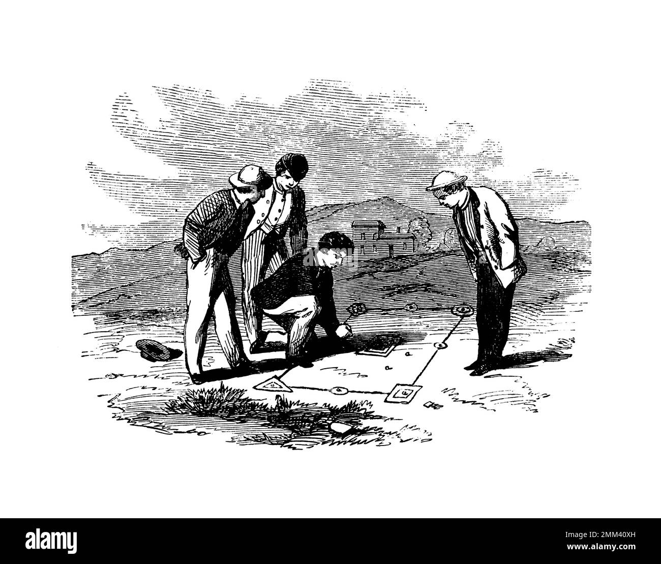 Antique illustration of fortifications, an outdoor game of marbles similar to picking cherries. Published in American’s Boy Book of Sports and Games, Stock Photo