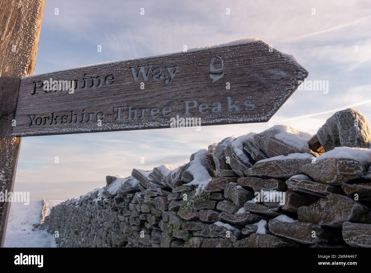 Wooden Pennine Way and Yorkshire Three Peaks signpost covered in frost in winter, Yorkshire Dales National Park, England, UK Stock Photo