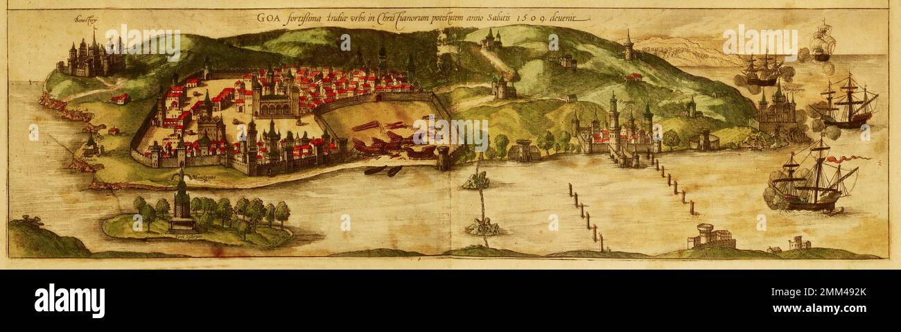 Citiview of the town of Goa in India. Latin name: Goa fortissima India urbs in Christianorum potestatem anno salutis 1509 deuenit.   Published in the Stock Photo