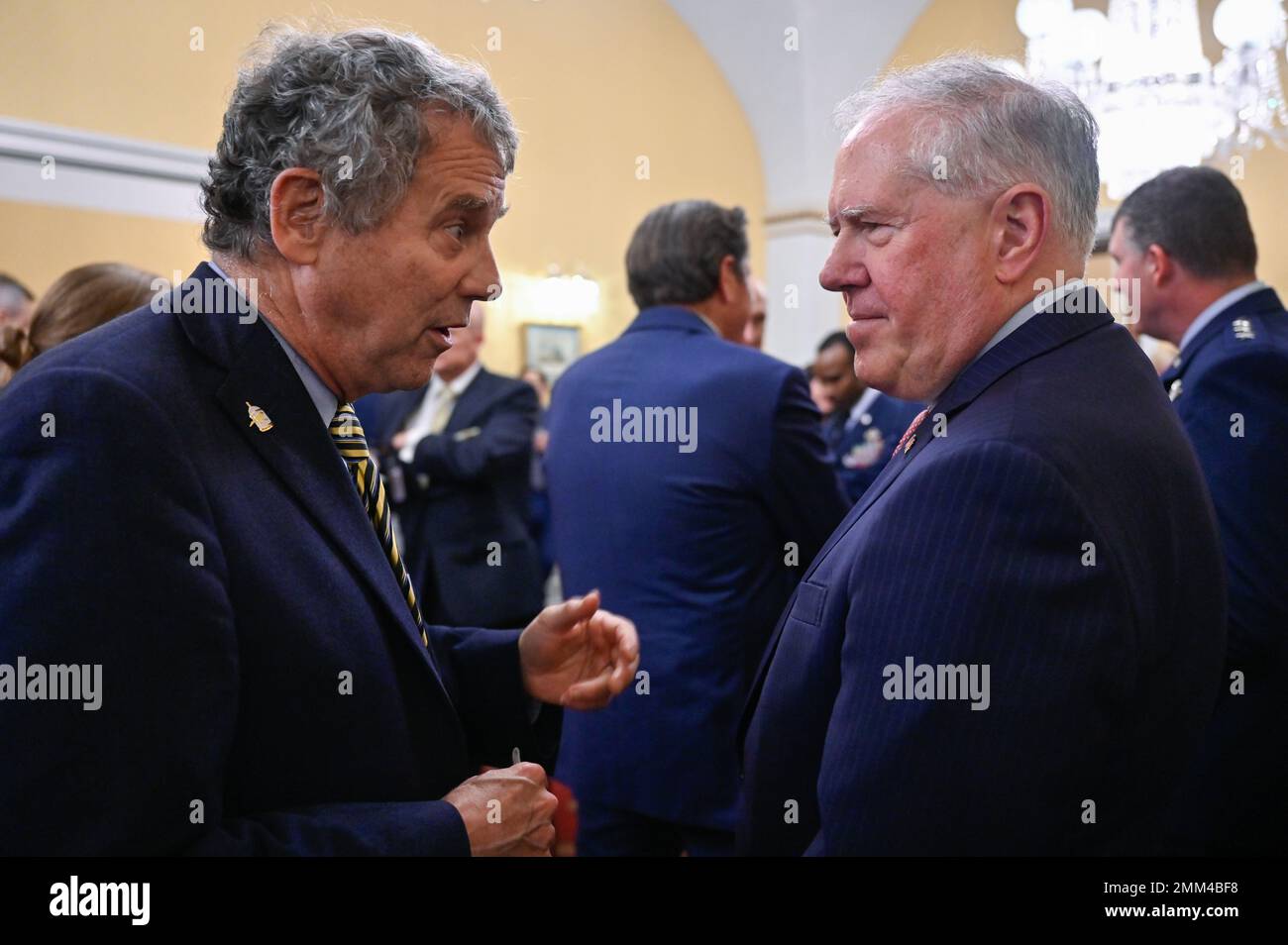 Sen. Sherrod Brown, left, speaks with Secretary of the Air Force Frank ...