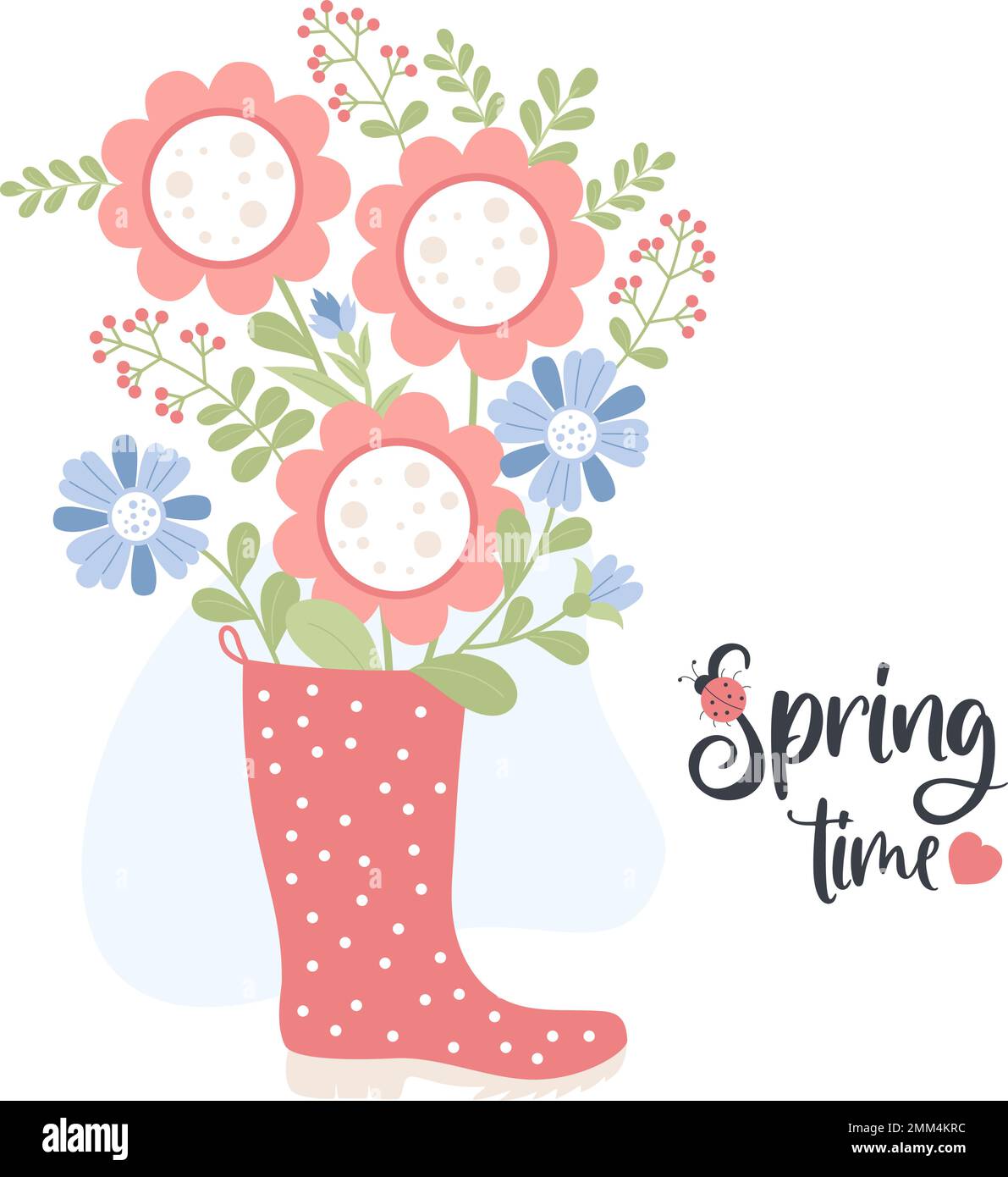 Spring time. Bouquet of flowers in rubber boot. Cute postcard. Vector ...