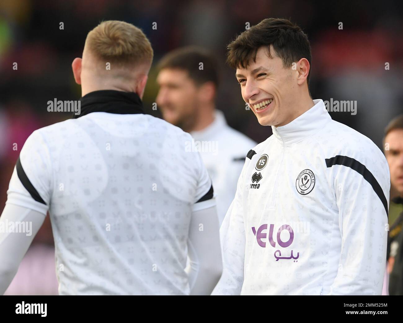 Wrexham, UK. 29th Jan, 2023. Anel Ahmedhodzic of Sheffield Utd warms up before the The FA Cup match at the Racecourse Stadium, Wrexham. Picture credit should read: Gary Oakley/Sportimage Credit: Sportimage/Alamy Live News Stock Photo