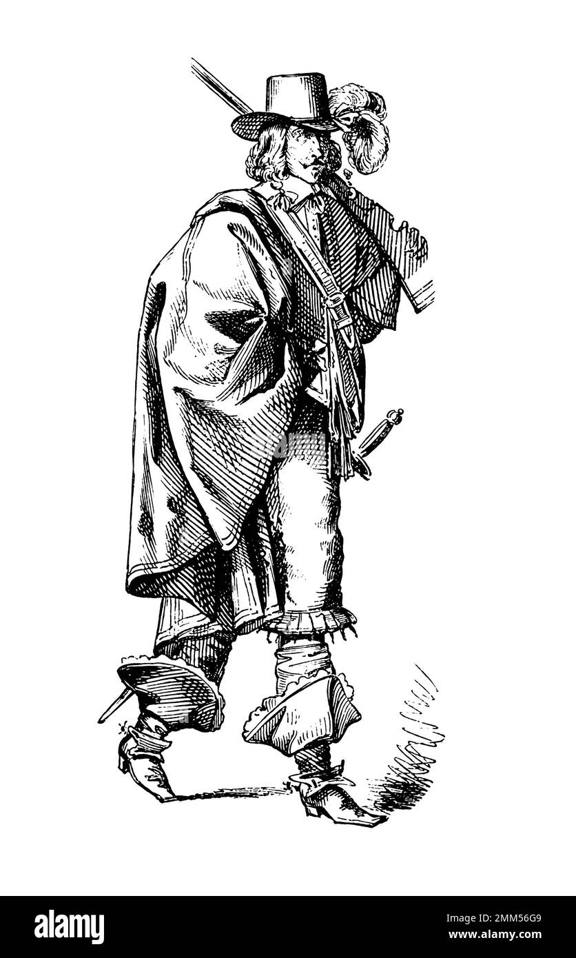 Antique illustration of the French costume of a bodyguard, 1649 Stock