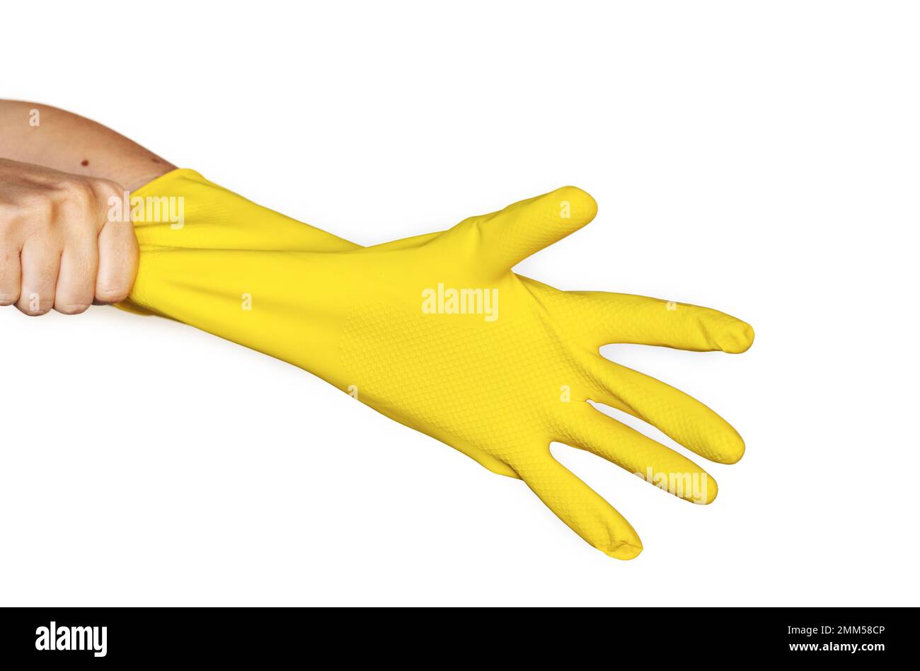 disposable latex rubber glove woman hand pointing Stock Photo Alamy