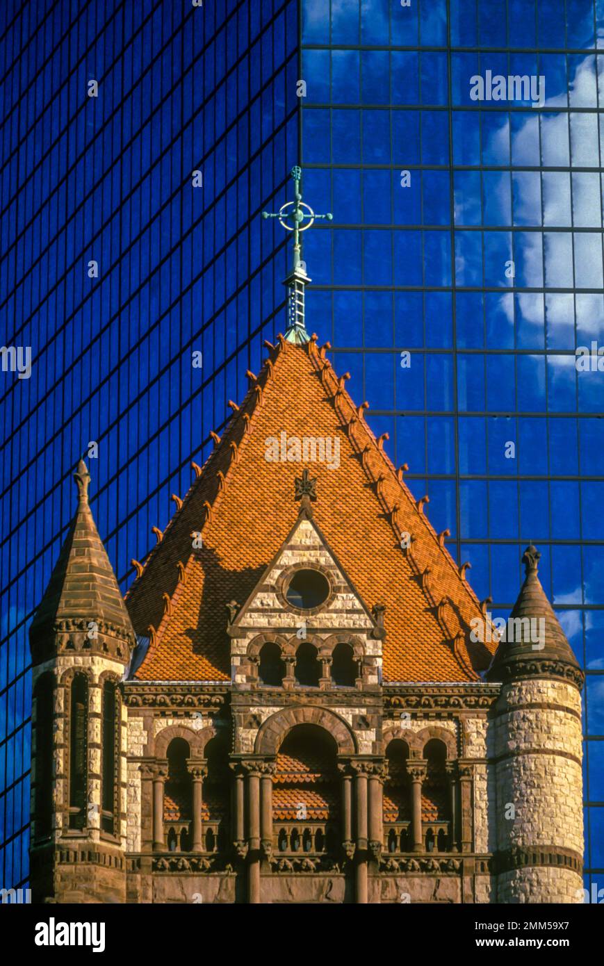 TRINITY CHURCH AND JOHN HANCOCK TOWER BUILDING BOSTON MASSACHUSETTS USA Stock Photo