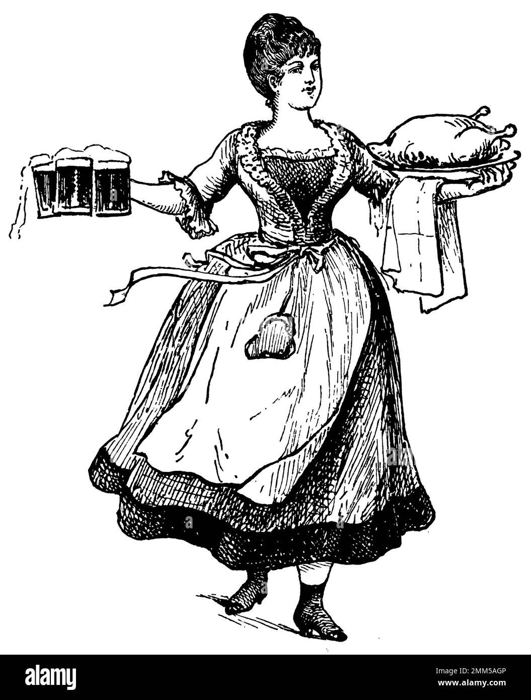 Antique 19th-century engraving of a medieval waitress (isolated on white). Published in Systematischer Bilder-Atlas zum Conversations-Lexikon, Ikonogr Stock Photo