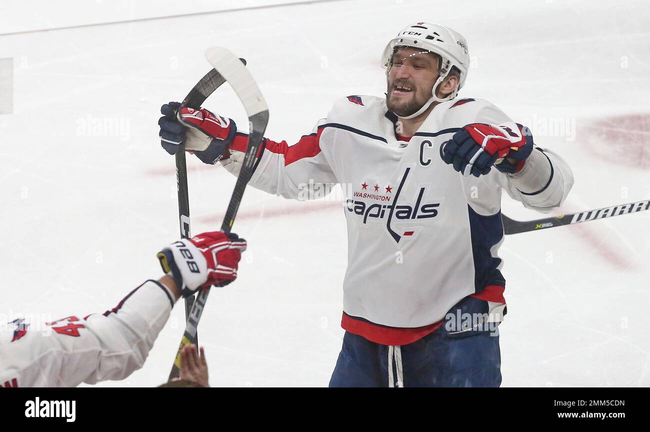 Washington Capitals' Alex Ovechkin of Russia celebrates a third period