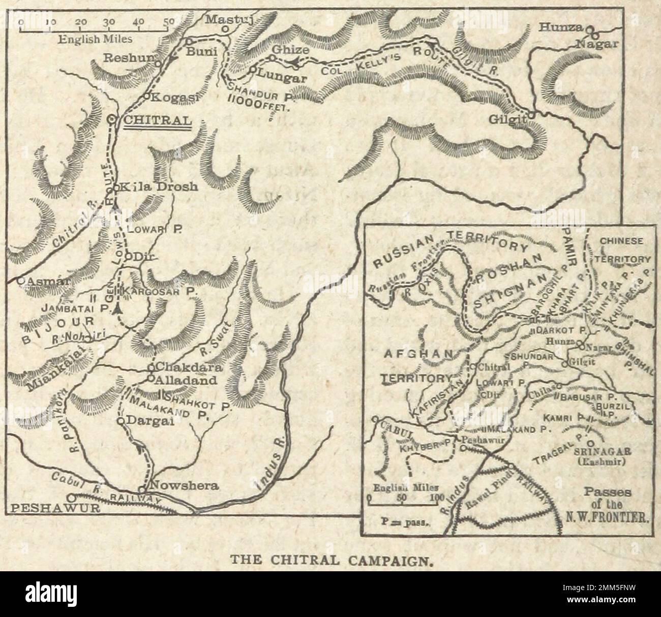 The route taken by the British forces during the 1895 Chitral Expedition. Stock Photo