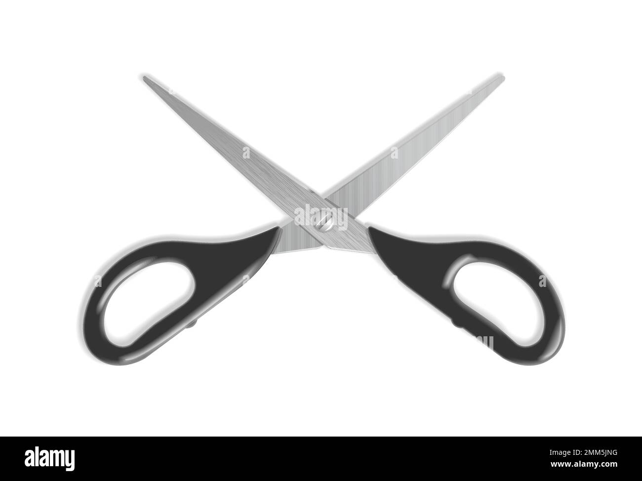 Realistic scissors with black handles. Professional or hobby tool. Detailed graphic design element. Office supply, school stationery. Isolated on whit Stock Vector