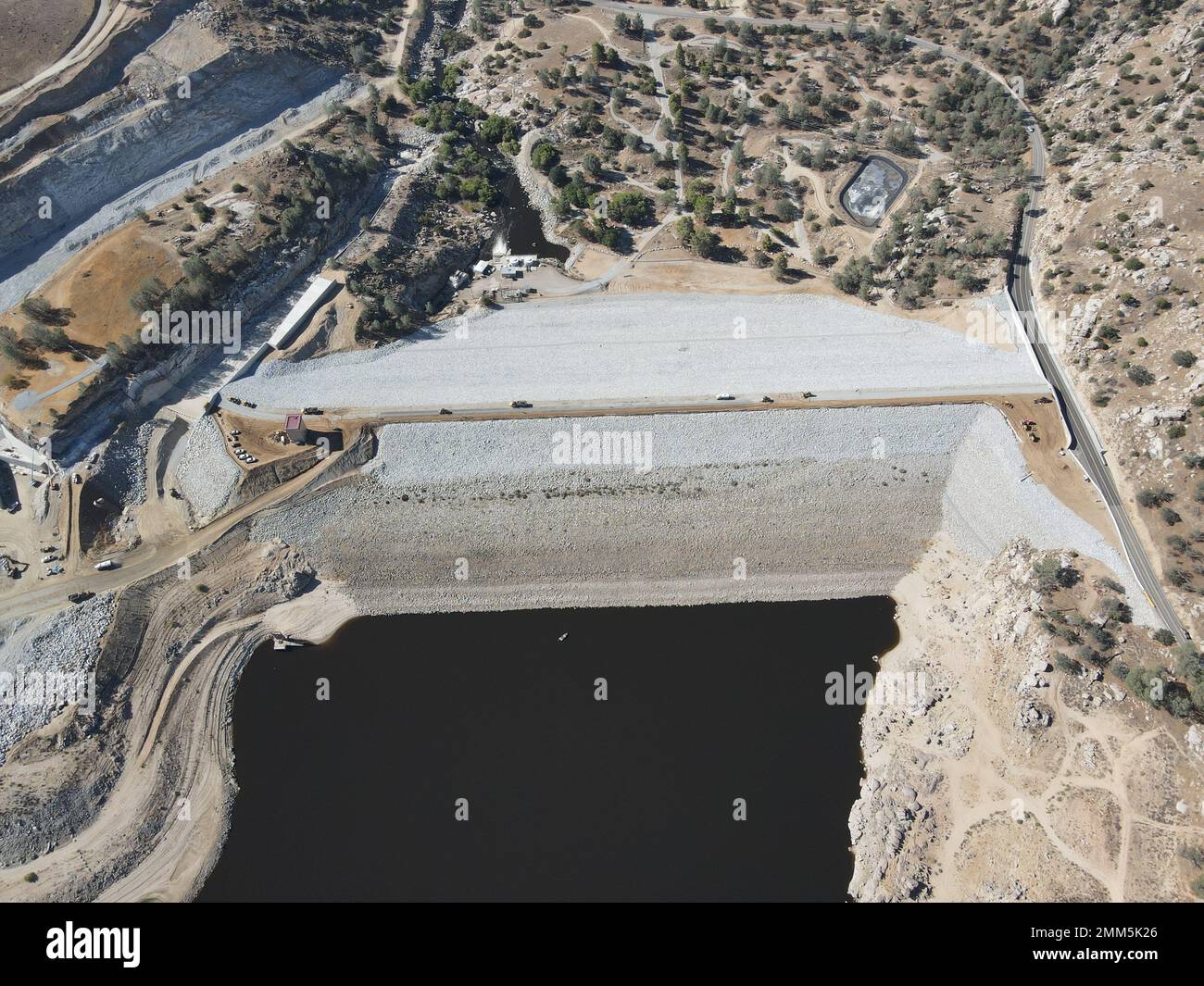 An aerial view of the main dam at the Isabella Dam Safety Modification