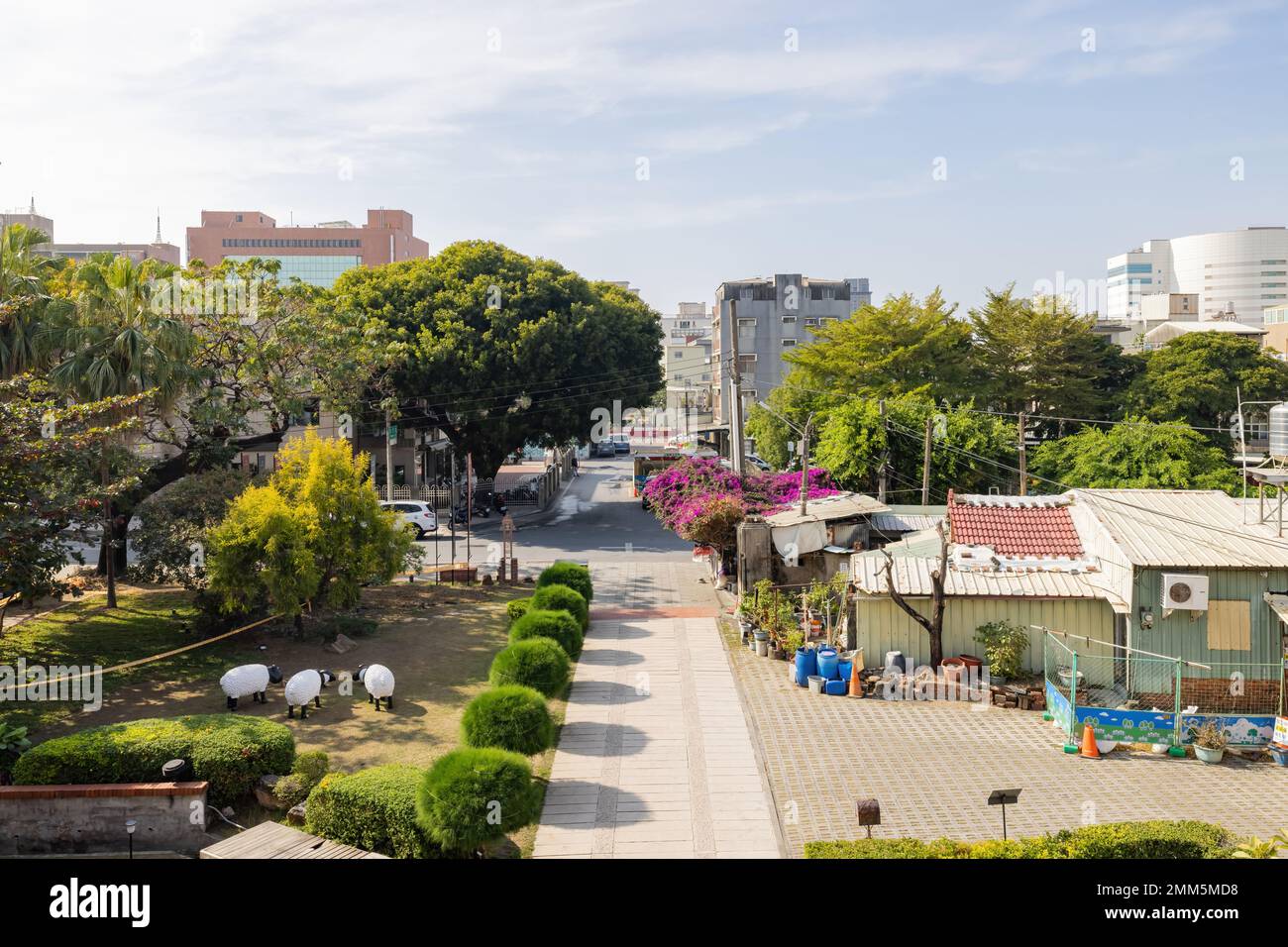 Tainan, JAN 5 2023 - Sunny view of the cityscape near Magistrate Residence Living Centre Stock Photo