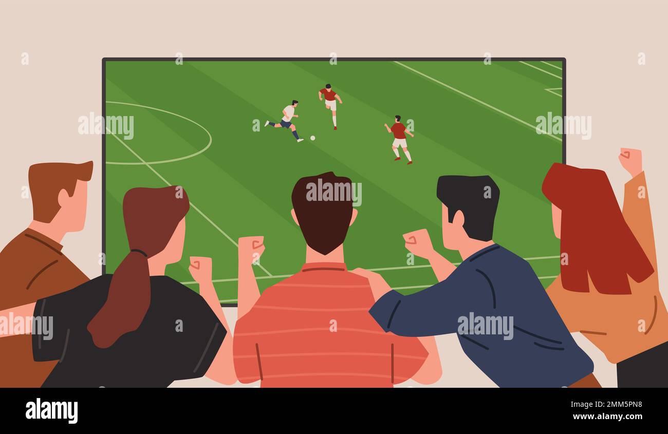 Football fans back view. People watch match, television translation