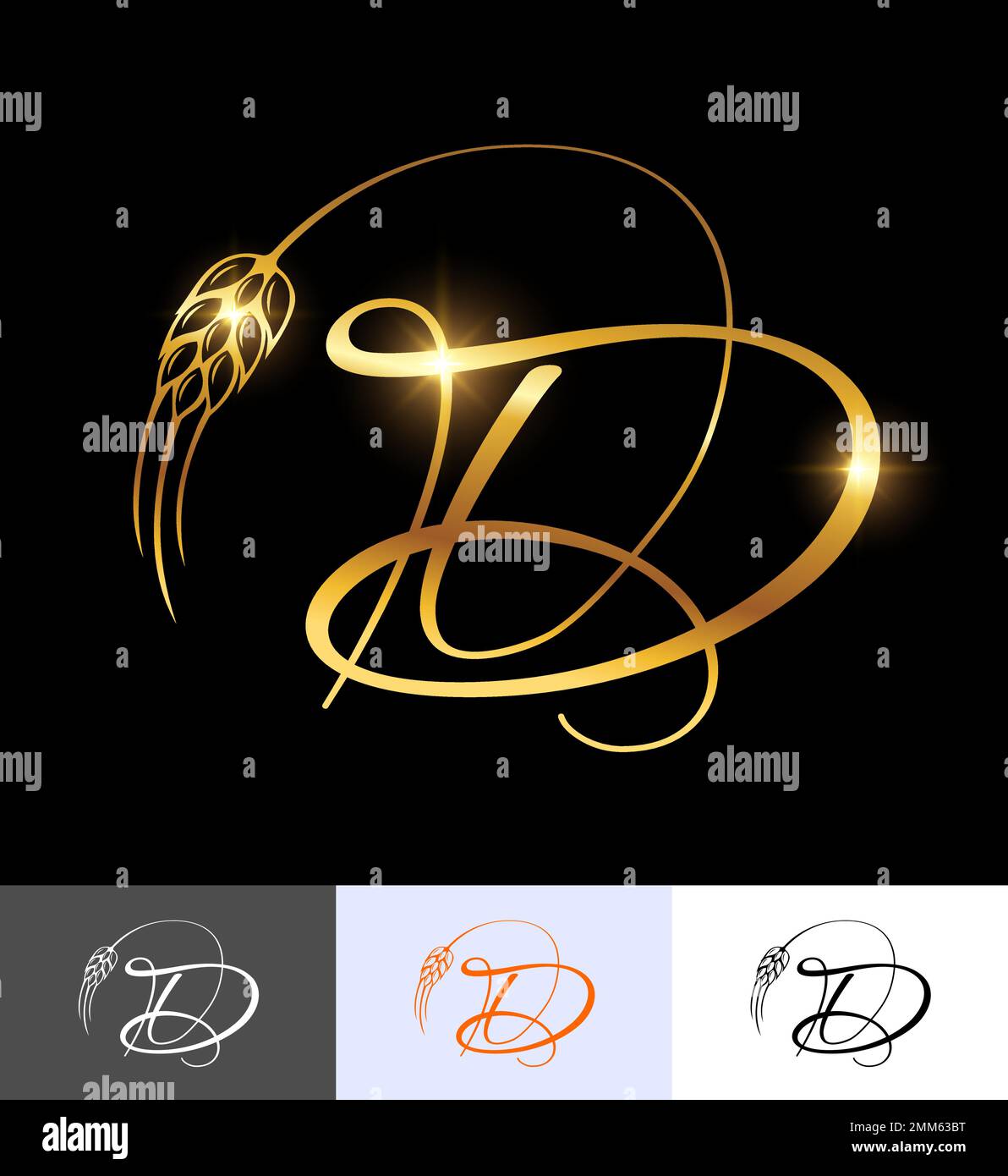 A vector illustration set of Golden Wheat Monogram Initial Letter D in ...