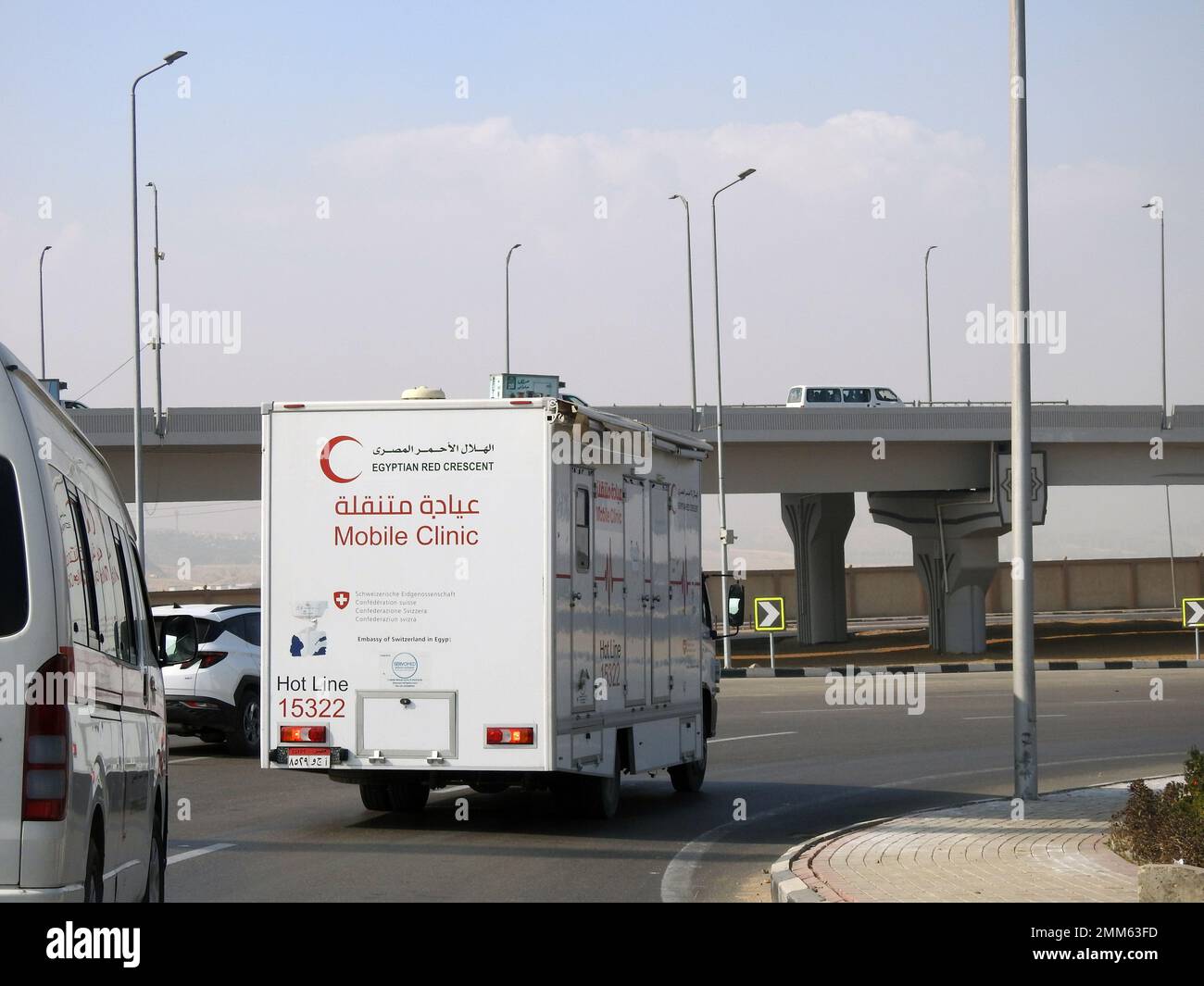 Cairo, Egypt, January 8 2023: A mobile medical clinic vehicle of the Egyptian red crescent that gives medical services in Cairo, patient examination a Stock Photo
