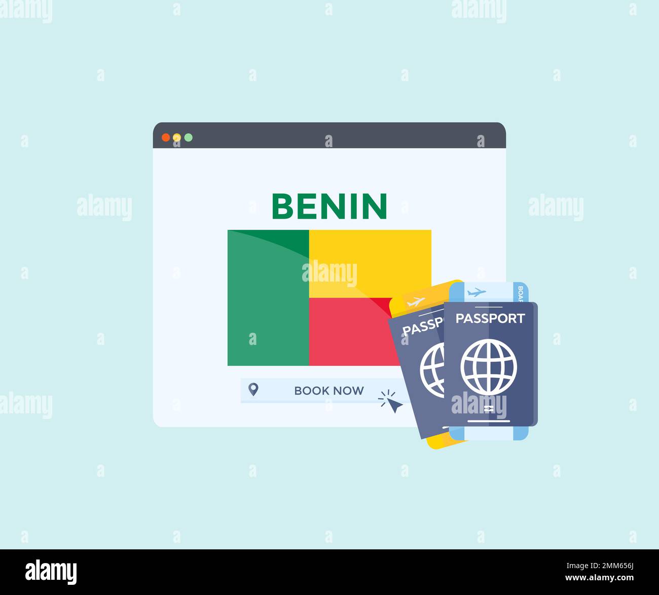 Online booking service on web browser site, trip, travel planning country Benin national flag logo design. Online reservation of plane tickets. Stock Vector
